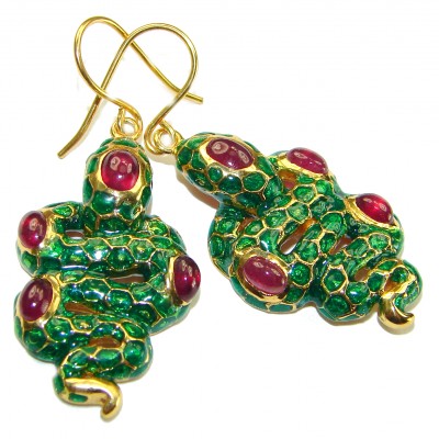 Green Snakes Genuine Enamel Ruby 18K Gold over .925 Sterling Silver handcrafted Earrings
