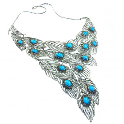 HUGE 102.9 grams Peacock Feather design genuine Turquoise .925 Sterling Silver handcrafted Necklace