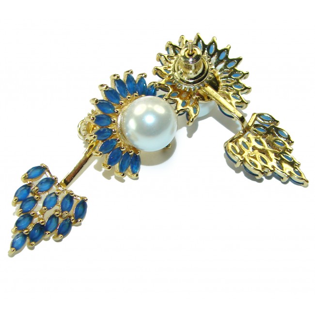 Magnificent Jewel Sapphire Pearl 14K Gold over .925 Sterling Silver handcrafted incredible reversible earrings