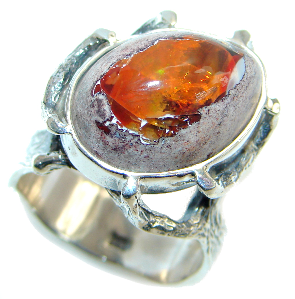 Mexican Fire Opal Oxidized Sterling Silver handmade Ring size 9 - model ...