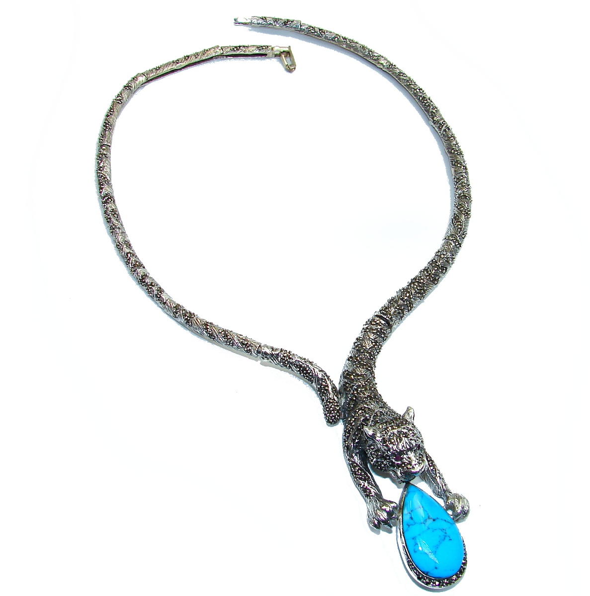 Panther Genuine Turquoise Marcasite .925 Sterling Silver handmade ...