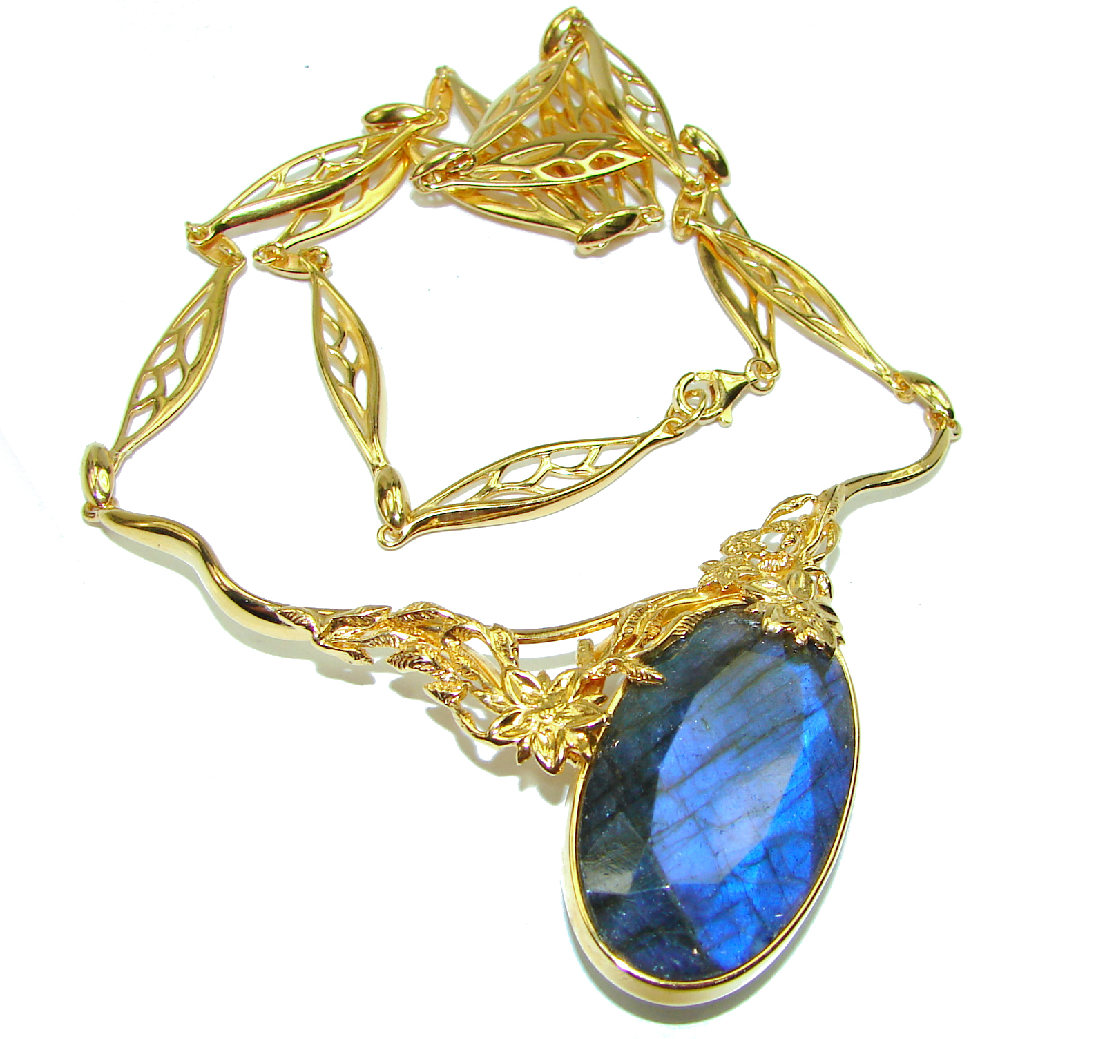 Luxury Design 44.5 ct faceted Labradorite 18K Gold over .925 Sterling Silver entirely handcrafted necklace