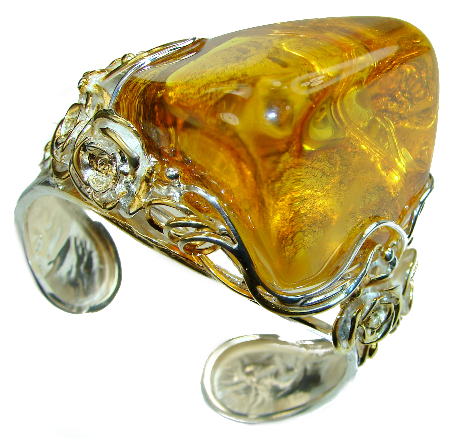 Huge 105.5 grams Genuine Golden Baltic Amber 18k Gold over  .925 Sterling Silver handcrafted  Bracelet / Cuff