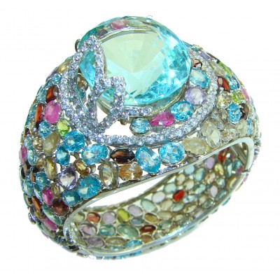 Absolutely Spectacular Aquamarine Multi-Gemstone .925 Sterling Silver handmade bangle Bracelet