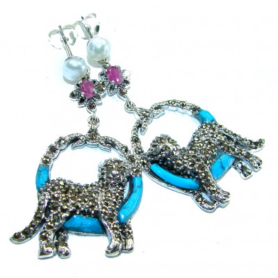 Two resting Panthers Turquoise Ruby Marcasite .925 Sterling Silver earrings