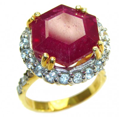 Rare Hexagon cut 10.5 carat Great quality unique Ruby 14K Gold over .925 Sterling Silver handcrafted Ring size 8