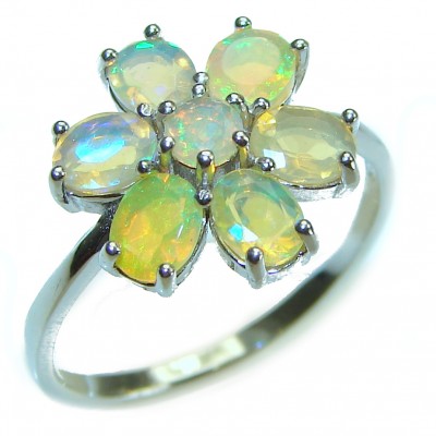 Cute Flower Genuine 5.5 carat Ethiopian Opal .925 Sterling Silver handmade Ring size 8 3/4