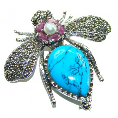Blue Bee genuine Turquoise .925 Sterling Silver handmade Pendant - Brooch