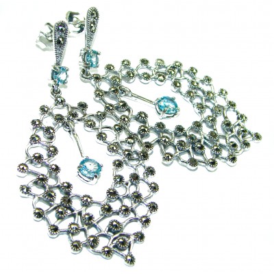 Long Genuine Swiss Blue Topaz .925 Sterling Silver handcrafted earrings