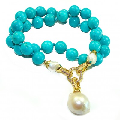 Luxurious natueral Turquoise 14K Gold over .925 Sterling Silver handmade necklace