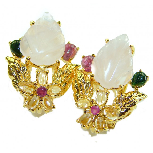 Luxurious carved Lemon Quartz Tourmaline 18K Gold over .925 Sterling Silver handmade Earrings