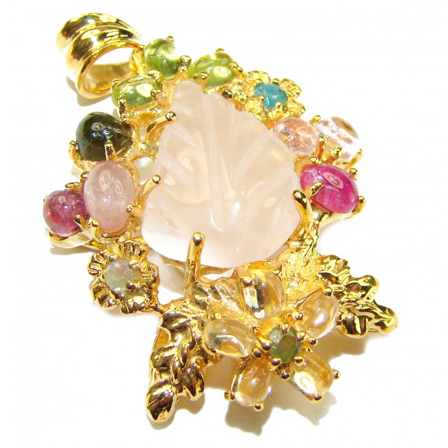 Luxurious carved Lemon Quartz Tourmaline 18K Gold over .925 Sterling Silver handmade Pendant