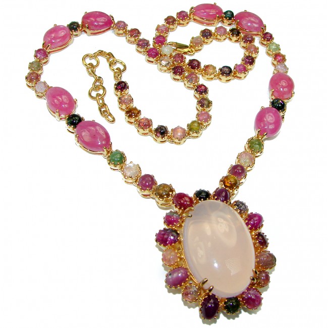 Brazilian Beauty Rose Quartz Watermelon Tourmaline 14k Gold over .925 Sterling Silver handcrafted Statement necklace