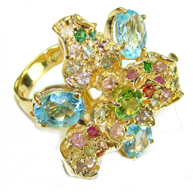 A Wild Hydrangea Swiss Blue Topaz 14K Gold over .925 Sterling Silver handmade Ring size 8 3/4