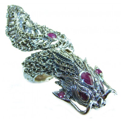 Large 21.8 grams Marcasite Ruby Dragon . 925 Sterling Silver Ring s. 6 3/4