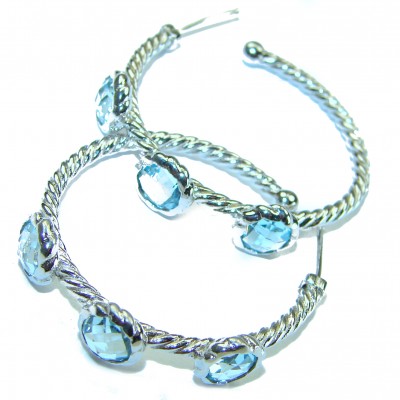 Genuine Swiss Blue Topaz .925 Sterling Silver handcrafted Hoop earrings