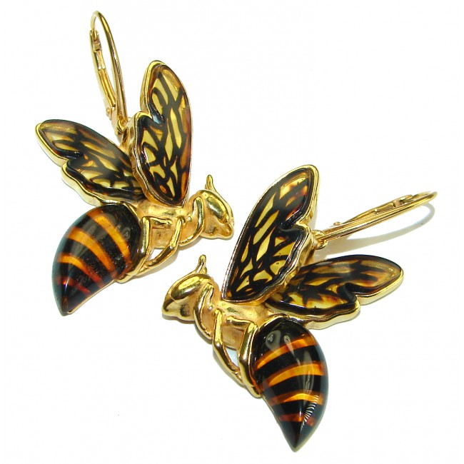 Special product! Wonderful Bees Baltic Amber 14K Gold over .925 Sterling Silver entirely handcrafted earrings