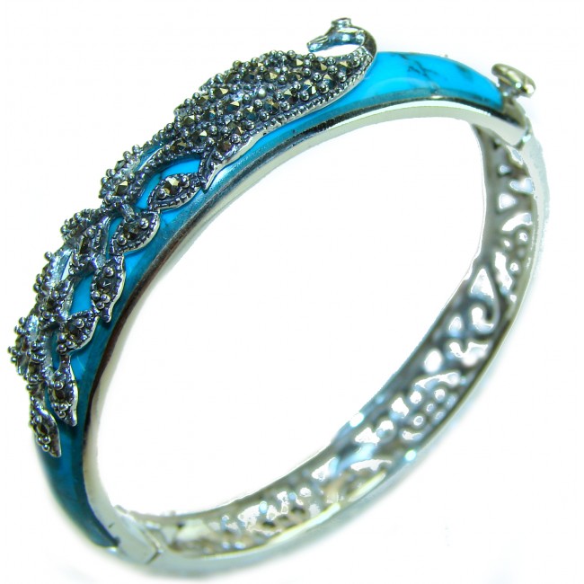 Precious Peacock Turquoise Marcasite Sterling Silver Luxury Bracelet