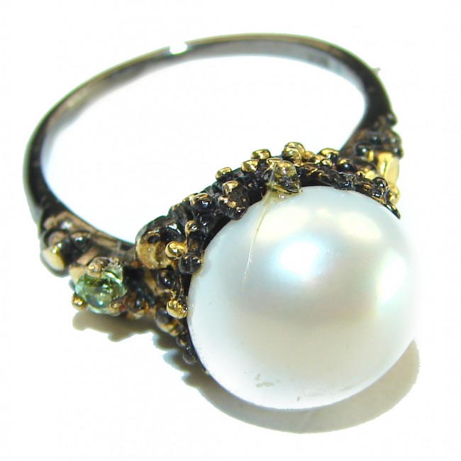 Natural Pearl 14K Gold black rhodium over .925 Sterling Silver handmade ring size 7