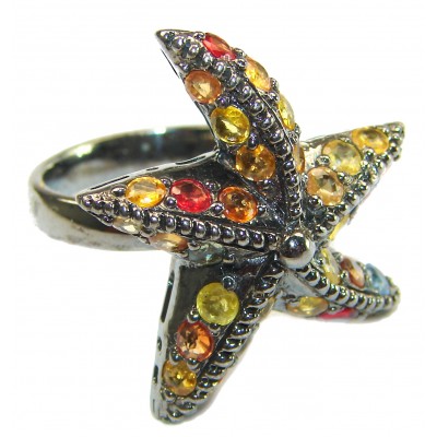 Genuine Sapphire Starfish black rhodium over .925 Sterling Silver Handcrafted Large Ring size 8 3/4