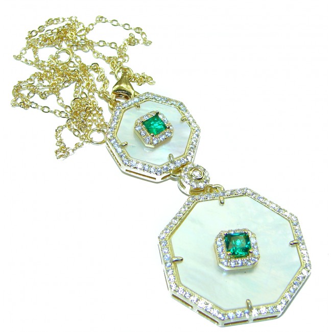 White Flowers Blister Pearl Emerald 14K Gold over .925 Sterling Silver Necklace