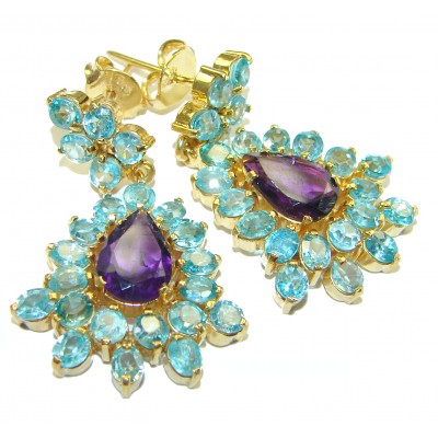 Magnificent Swiss Blue Topaz 14K Gold over .925 Sterling Silver handcrafted Statement earrings