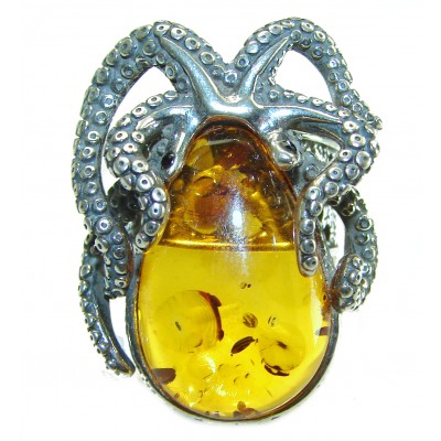 Huge Octopus Authentic rare Baltic Amber .925 Sterling Silver handcrafted ring; s. 8 adjustable