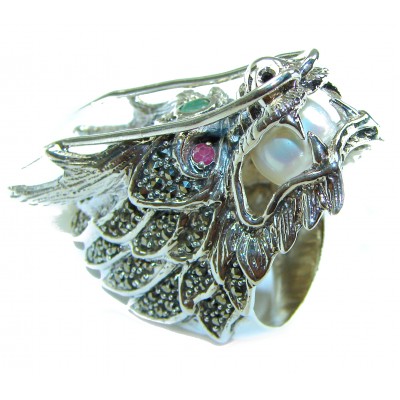 Large 36.8 grams Marcasite Pearl Dragon's Head oxidized . 925 Sterling Silver Ring s. 8 3/4