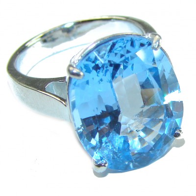 12.5 carat Fancy Oval cut Swiss Blue Topaz .925 Sterling Silver handmade Ring size 6 1/2