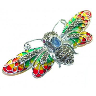 Big Dragonfly Tanzanite Enamel .925 Sterling Silver handcrafted Pendant Brooch