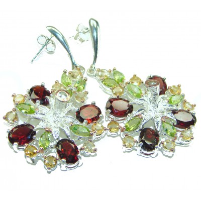 Floral design authentic Garnet 2 tones .925 Sterling Silver handcrafted earrings