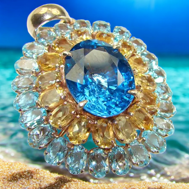 Splendid Vintage Design 55.5 carat Swiss Blue Topaz 14K Gold over .925 Sterling Silver handcrafted Pendant