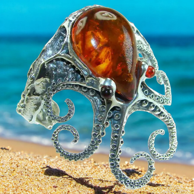 Huge Octopus 75.5 grams Genuine Baltic Amber .925 Sterling Silver handcrafted Bracelet / Cuff