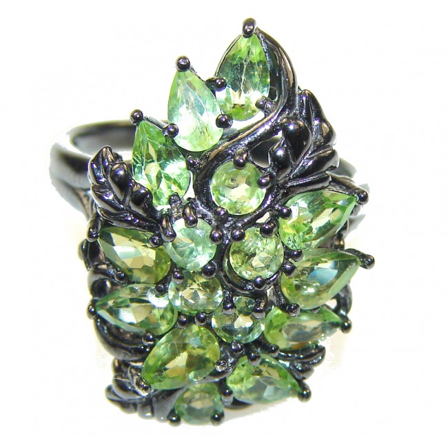 New Design! Green Peridot, Black Rhodium Plated Sterling Silver Ring s. 7 1/2