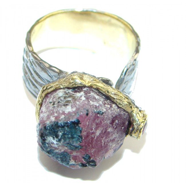 Stylish! Rough Ruby , Gold Plated, Rhodium Plated Sterling Silver Ring s. 7 - Adjustable