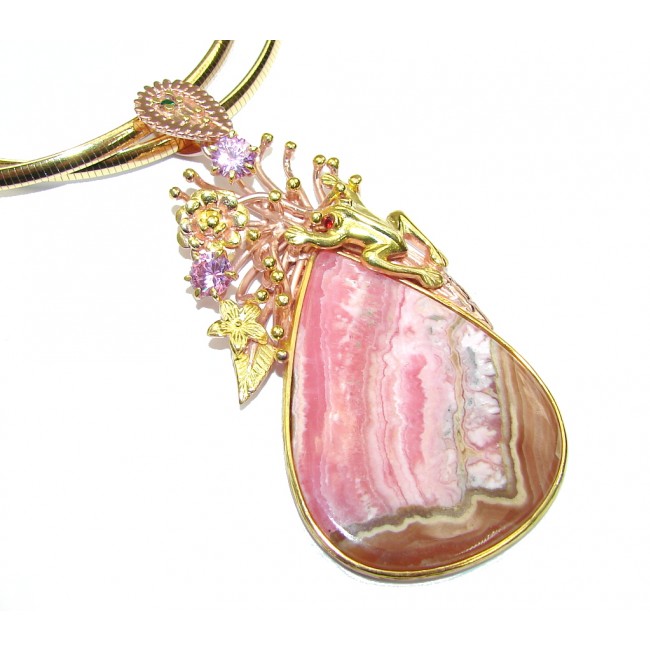 Stunning Design! AAA Pink Rhodochrosite, Rose & Gold Plated Sterling Silver necklace