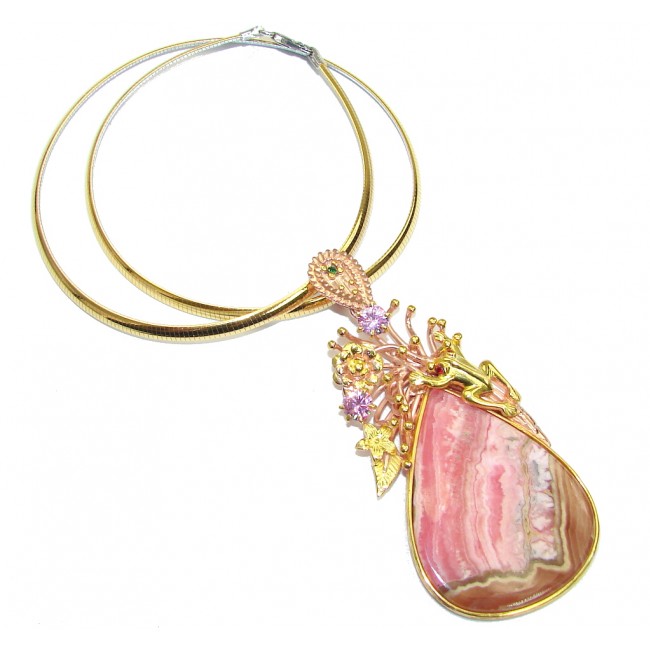 Stunning Design! AAA Pink Rhodochrosite, Rose & Gold Plated Sterling Silver necklace