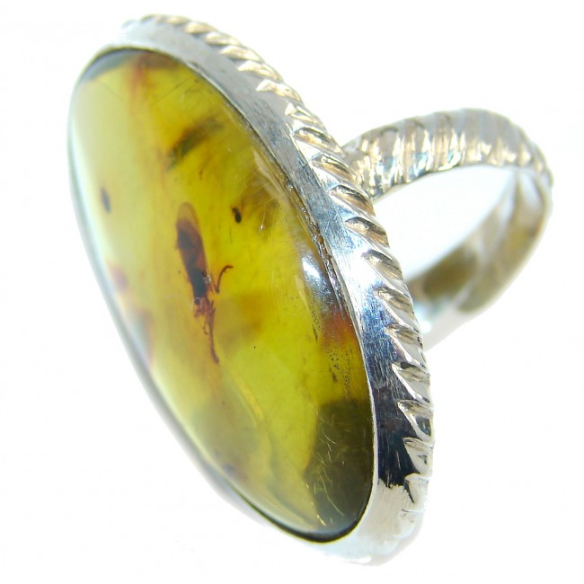 Big! Vintage Look AAA Green Polish Amber Sterling Silver Ring s. 5 1/4- adjustable