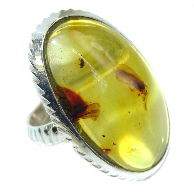 Big! Vintage Look AAA Green Polish Amber Sterling Silver Ring s. 5 1/4- adjustable