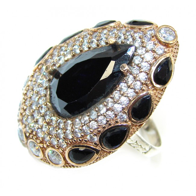 Victorian Style! Black Spinel & White Topaz Sterling Silver ring; 7 1/4