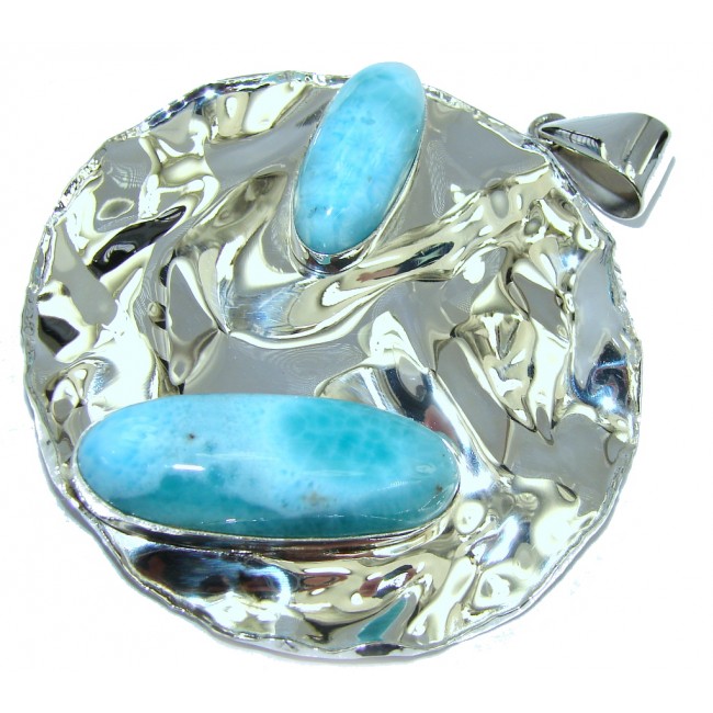 Natural AAA Blue Larimar Hammered Sterling Silver Pendant