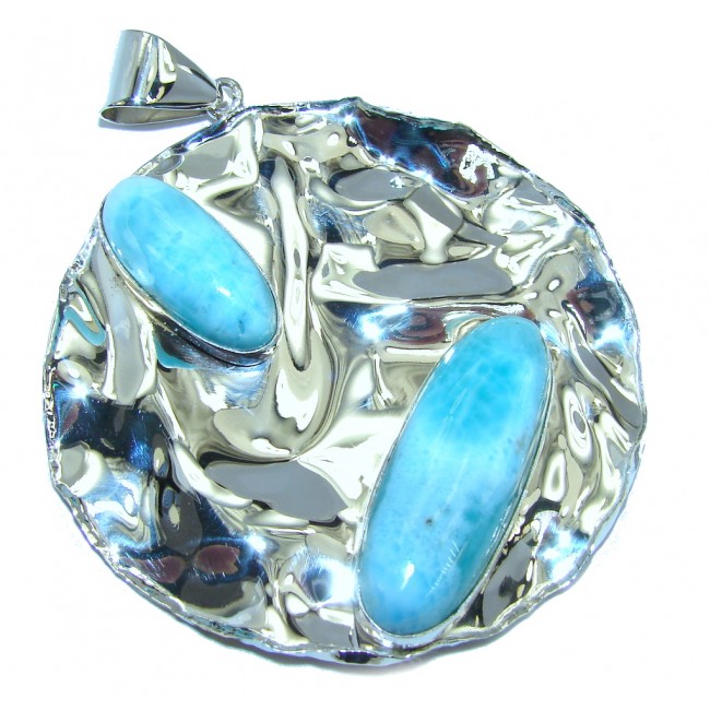 Natural AAA Blue Larimar Hammered Sterling Silver Pendant