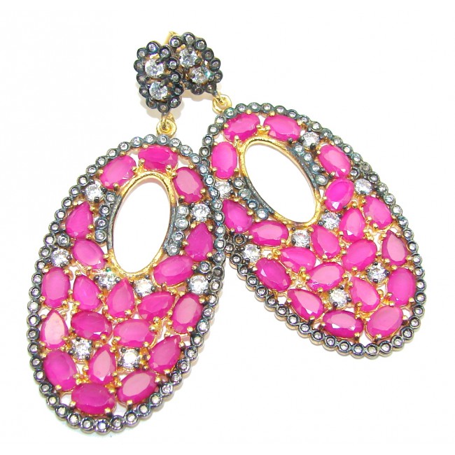 Large! Stunning Pink Ruby & White Topaz, Gold Plated Sterling Silver earrings