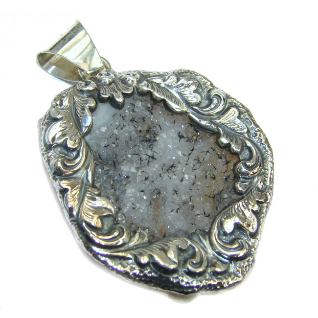 Carved Flower Rough Druzy Citrine Sterling Silver Pendant