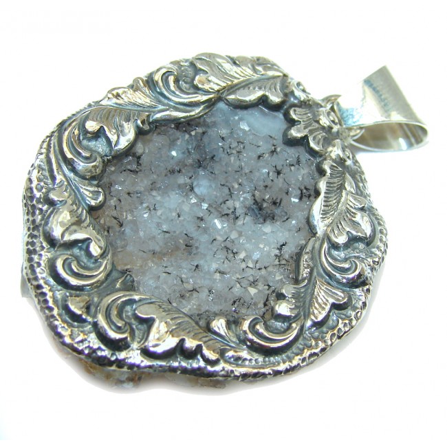 Carved Flower Rough Druzy Citrine Sterling Silver Pendant