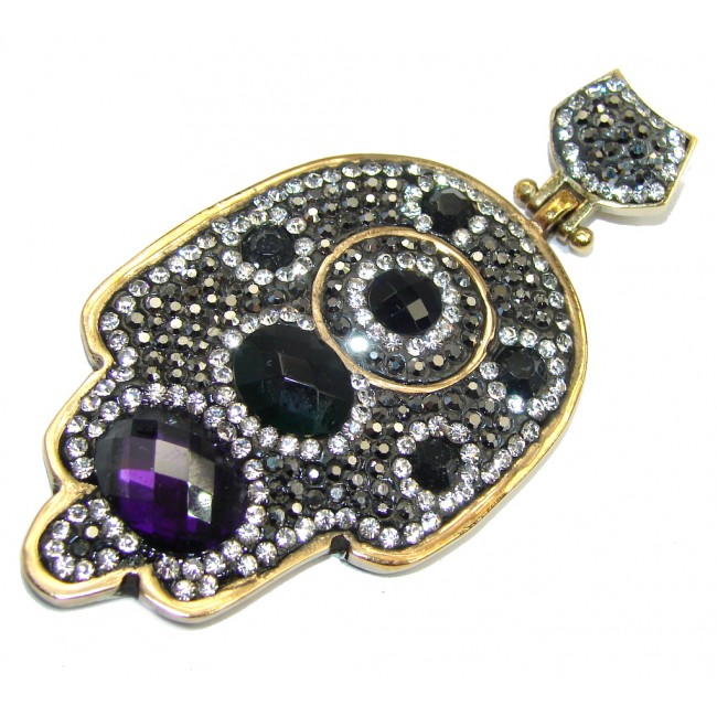 Large Victorian Style Hamsa Hand Onyx & White Topaz Sterling Silver Pendant