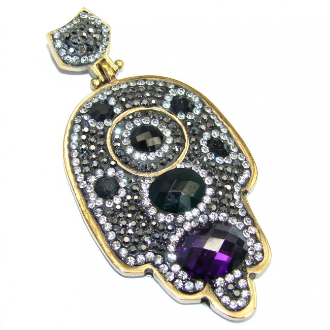 Large Victorian Style Hamsa Hand Onyx & White Topaz Sterling Silver Pendant