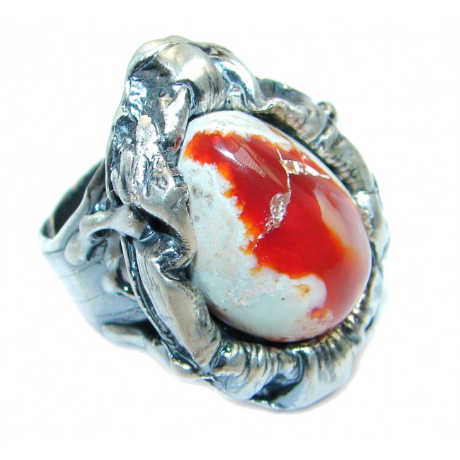 AAA+ Mexican Fire Opal Oxidized Sterling Silver Ring size adjustable