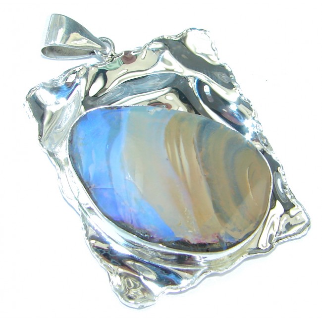 Beautiful Natural Australian Boulder Opal hammered Sterling Silver Pendant