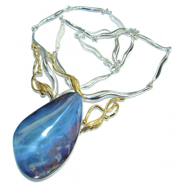 Spectacular genuine Australian Boulder Opal Two Tones .925 Sterling Silver brilliantly handcrafted necklace
